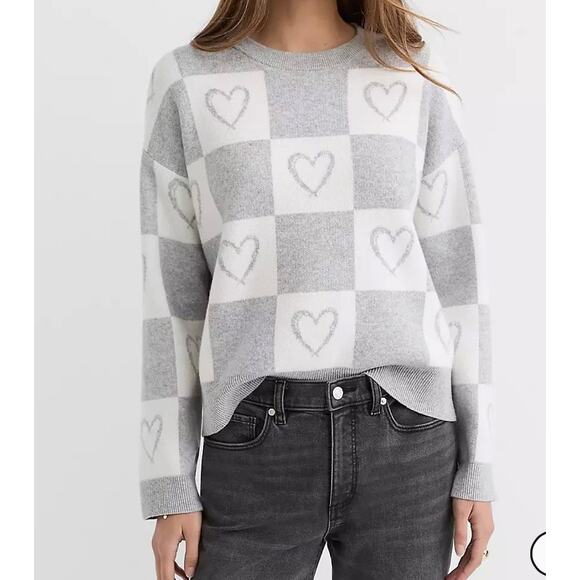NWT LOFT Gray Heart Checkered Love thick soft Sweater Size Large MSRP $89.95 - Picture 2 of 8
